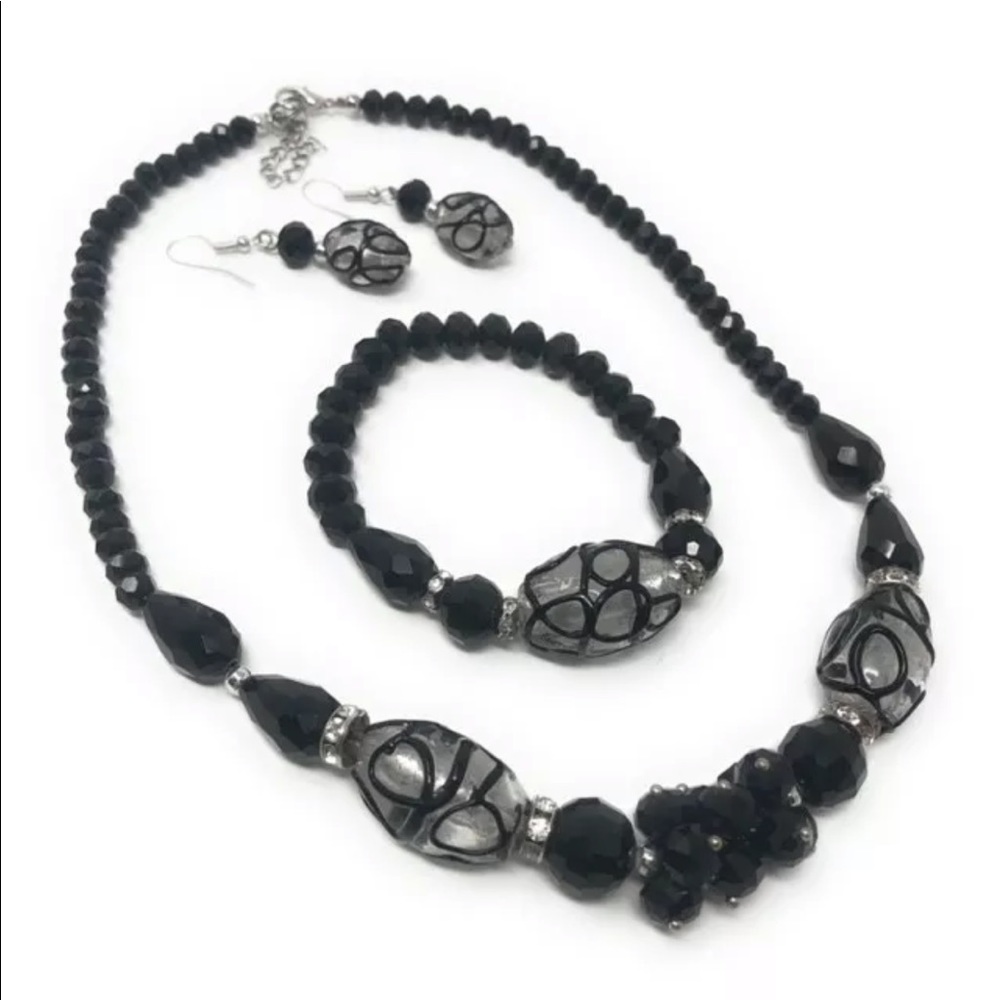 Handmade Black Glass-Crystal Bead Set NWT